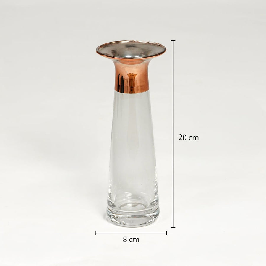 Dimension image of sleek clear glass bud vase featuring a flared copper neck accent and rim showing 20 cm height and 8 cm width.