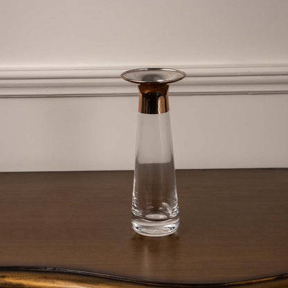 Clear glass decorative vase with metallic accent detail for minimalist tabletop styling and modern home decor.