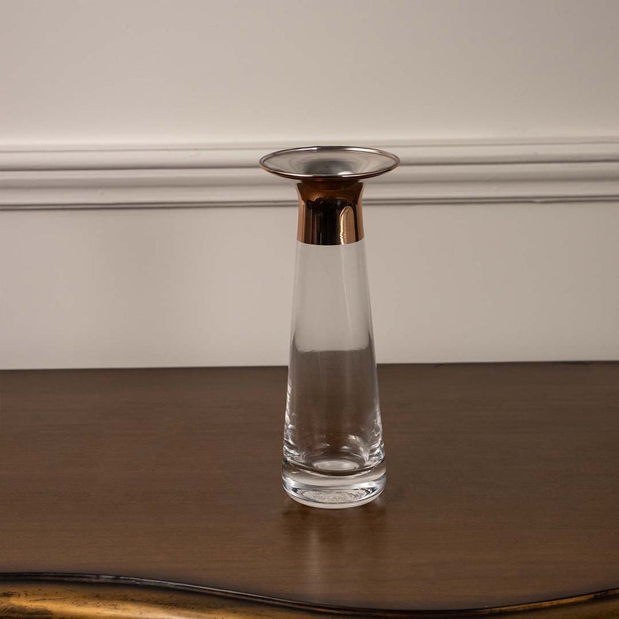 Clear glass decorative vase with metallic accent detail for minimalist tabletop styling and modern home decor.