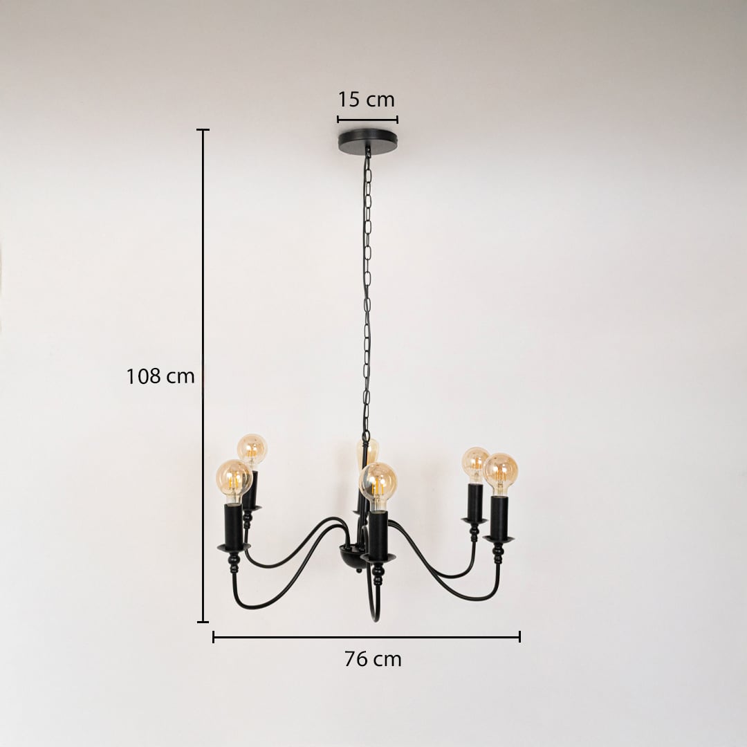 Vintage black metal chandelier with Edison bulbs showing 108cm total height 76cm width 15cm canopy on white background.