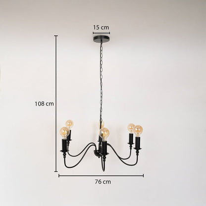 Vintage black metal chandelier with Edison bulbs showing 108cm total height 76cm width 15cm canopy on white background.