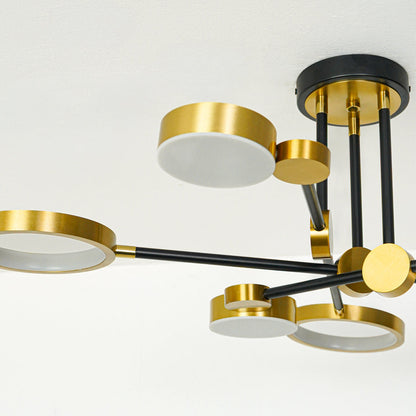 Stylish modern chandelier with black and gold metal frame and circular ring elements suspended against clean ceiling background for luxury decor.