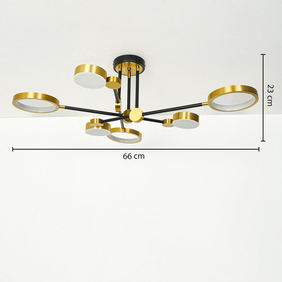 Modern ceiling light with black and gold metal arms and round LED panels mounted on white ceiling background 66 cm width 23 cm height ideal for living room lighting.