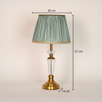 Glass table lamp showing 57 cm height 30 cm shade width and 14 cm base size ideal for bedside or side table use.