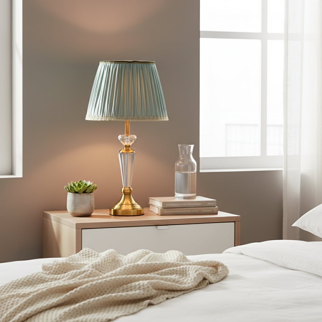 Classic table lamp with clear glass stem gold metal base and pleated teal fabric shade styled on elegant bedside table.