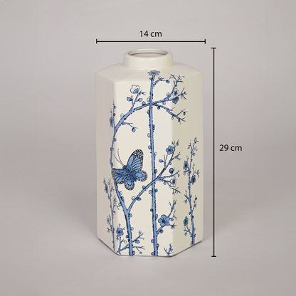 Cream ceramic decorative vase shown with 29 cm height and 14 cm width measurements for accurate tabletop placement planning.