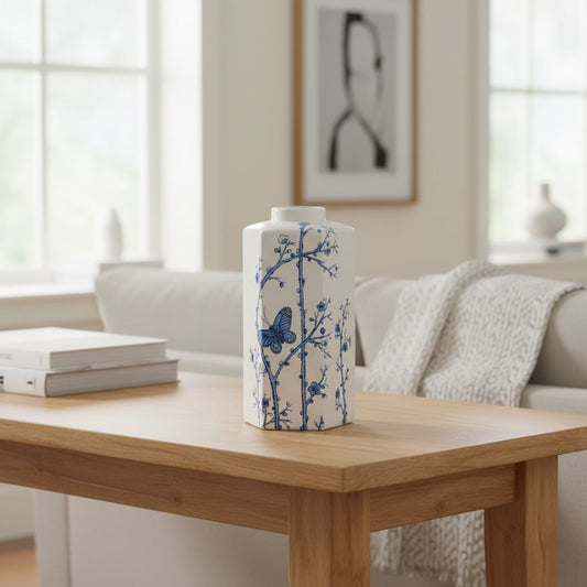 Cream ceramic decorative vase with blue floral branch and butterfly print styled for modern living room console decor.