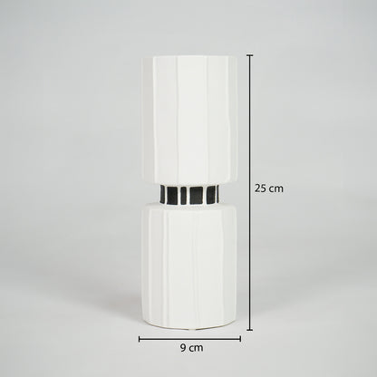 White ceramic cylinder vase dimension image with 25 cm height and 9 cm width for modern shelf decor.