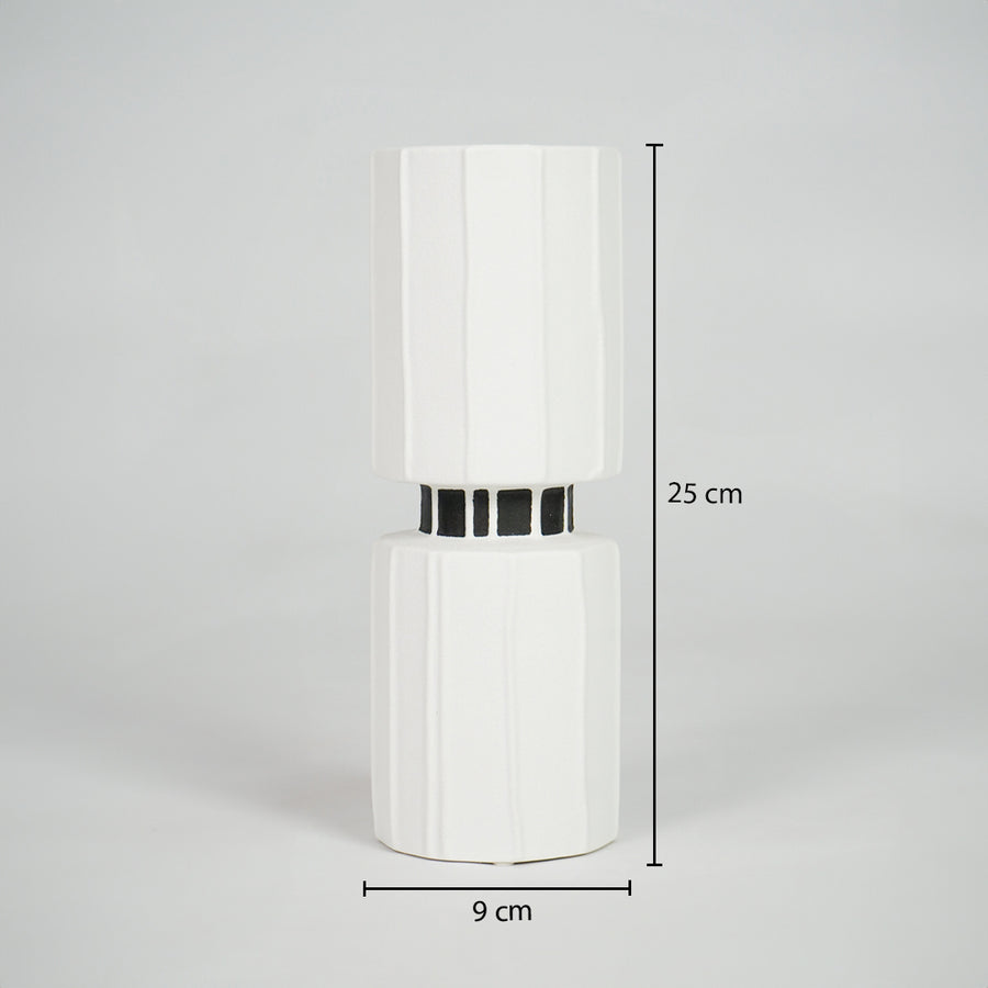 White ceramic cylinder vase dimension image with 25 cm height and 9 cm width for modern shelf decor.