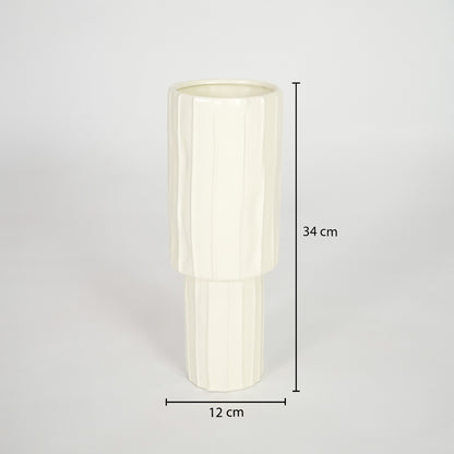 Cream ceramic cylinder vase dimension image with 24 cm height and 12 cm width for modern shelf decor.
