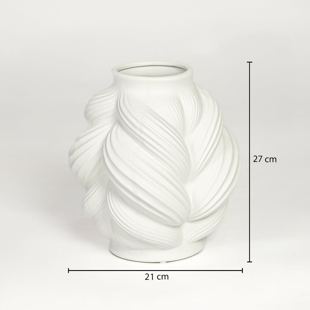 White ceramic sculpted vase measuring 27 cm height and 21 cm width ideal for elegant tabletop decor placement.