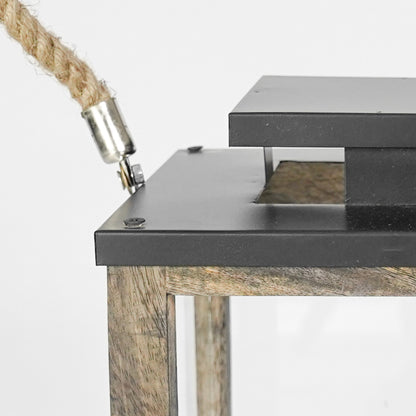Close-up of a metal bracket attached to a wooden stand with a rope, on a white background.