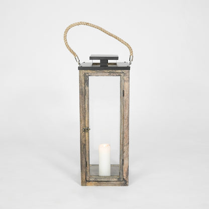 Wooden lantern with a candle inside on a white background