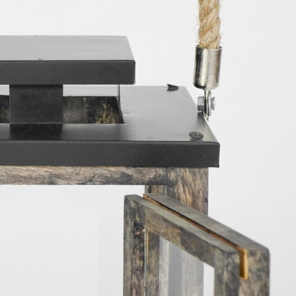 Close-up of a metal and wood step stool with a rope handle on a white background