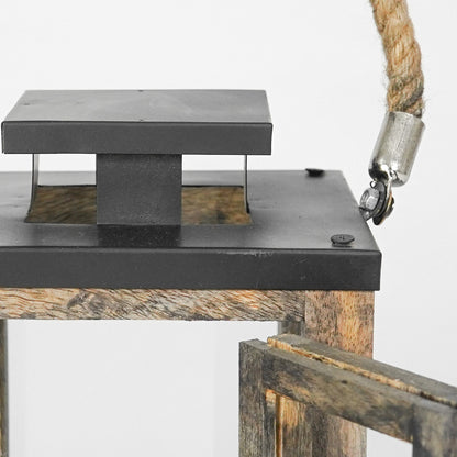 Close-up of a rustic wooden and metal bird feeder with a rope attachment.