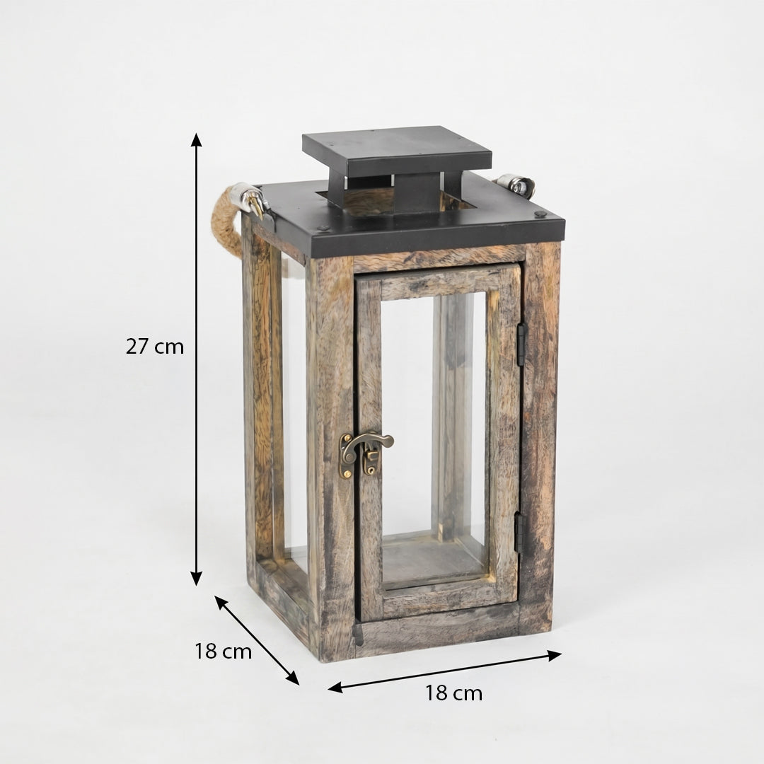 Wooden lantern with dimensions indicated on a white background