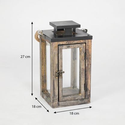Wooden lantern with dimensions indicated on a white background