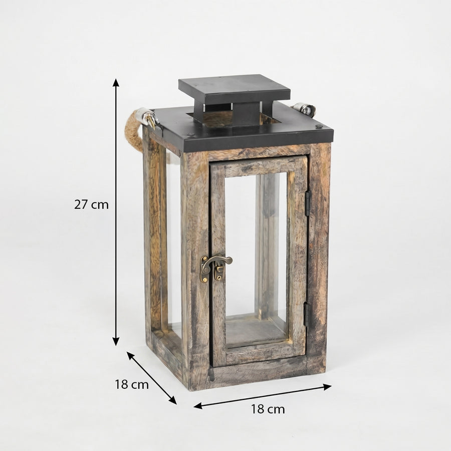 Wooden lantern with dimensions indicated on a white background