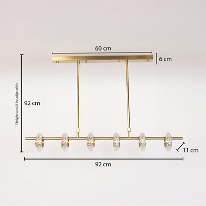 Golden metal chandelier with clear glass rings measuring 92 cm height and 92 cm width ideal for dining room ceiling decor.