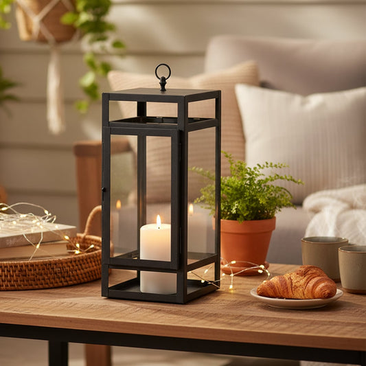 Black metal lantern with clear glass panels styled on floor or entry corner adding warm candle glow to modern indoor and outdoor Decor.