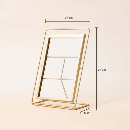 Gold metal photo frame with minimalist design showing product dimensions for modern tabletop decor and display.