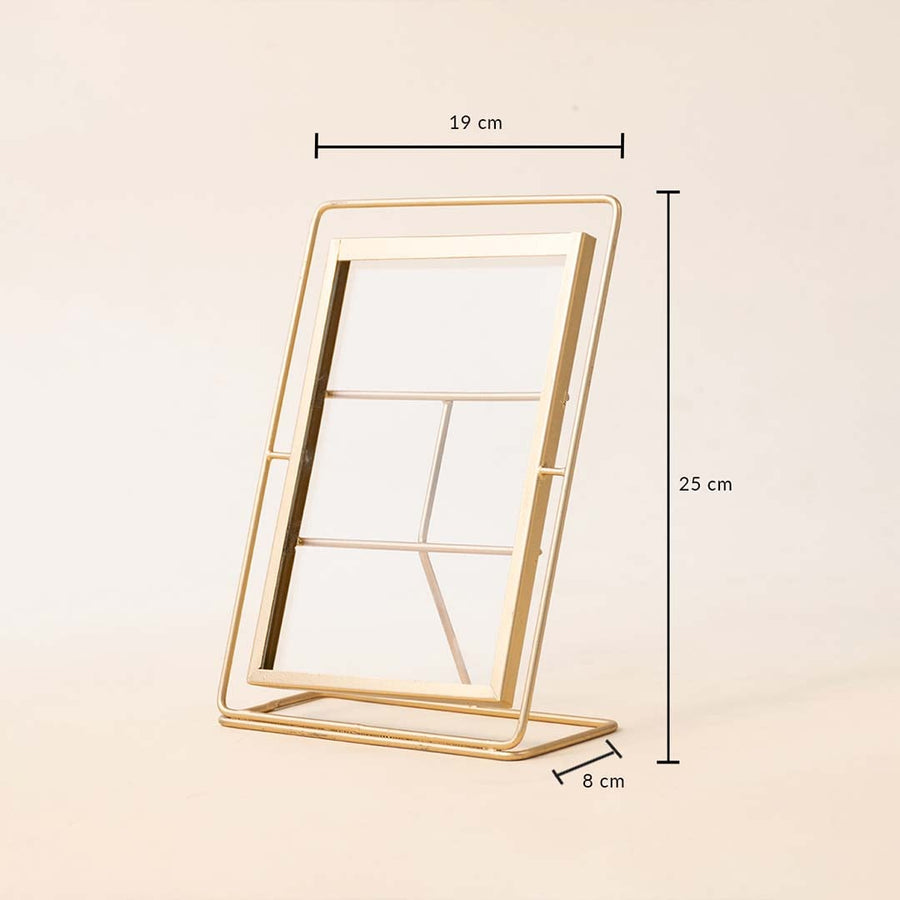 Gold metal photo frame with minimalist design showing product dimensions for modern tabletop decor and display.