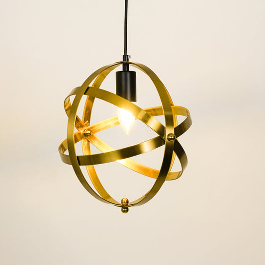 White background image of metallic gold globe pendant light for modern living room decor styling with bright illumination.
