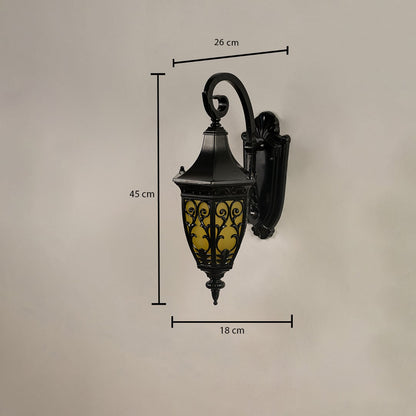 Black outdoor lantern with amber glass shown with measurements of 45 cm height 26 cm width and 18 cm depth.