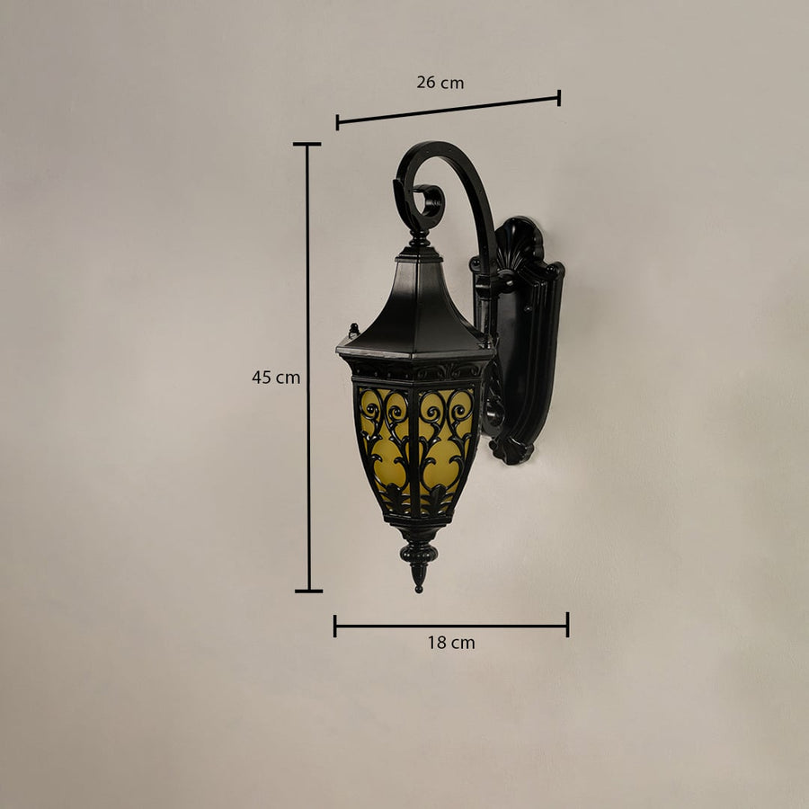 Black outdoor lantern with amber glass shown with measurements of 45 cm height 26 cm width and 18 cm depth.