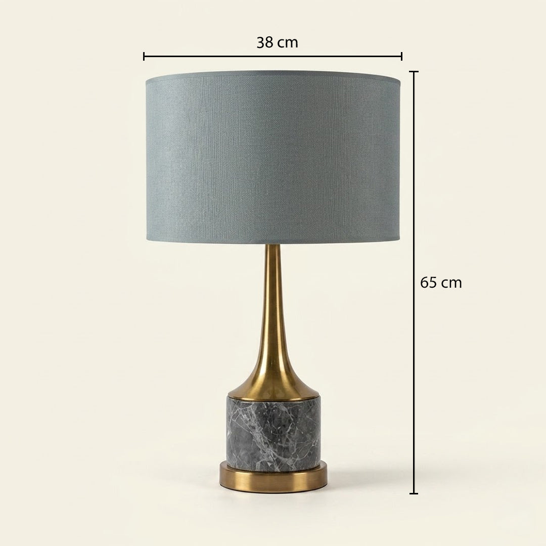 Grey shade gold neck table lamp with a 36 cm width on carved console table with light off for modern luxury décor.