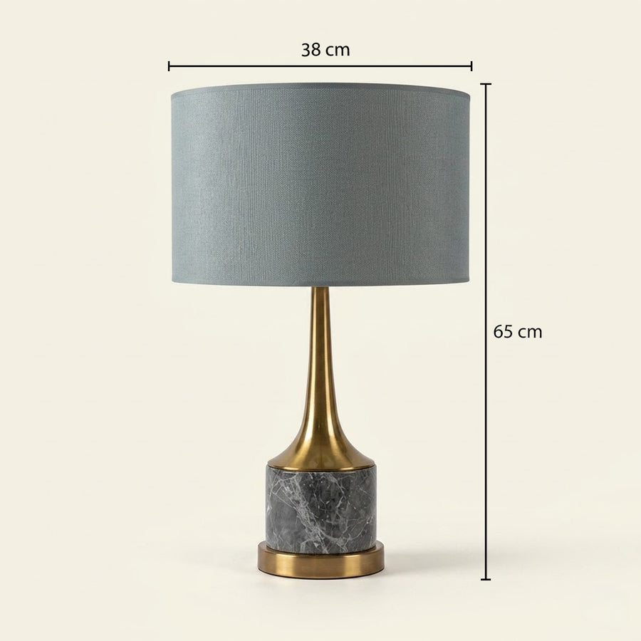 Grey shade gold neck table lamp with a 36 cm width on carved console table with light off for modern luxury décor.