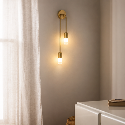 Lifestyle image of meza metal wall lamp for elegant hallway decor styling and modern home interior lighting decoration.