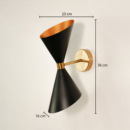 Modern black and gold wall light measuring 36 cm height 23 cm width and 15 cm depth on white background.