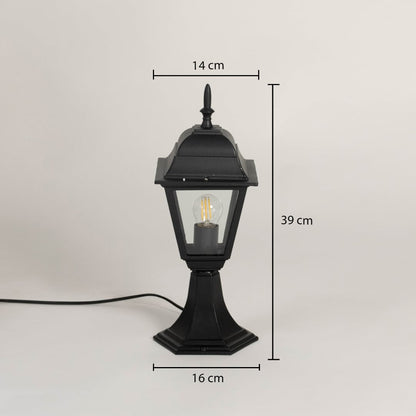 Black pillar lamp with outdoor design shown with dimensions height 39cm width 14cm base 16cm for gate and garden decor.