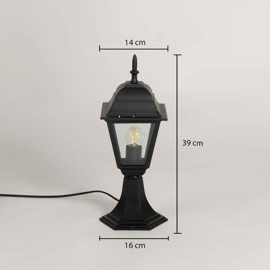 Black pillar lamp with outdoor design shown with dimensions height 39cm width 14cm base 16cm for gate and garden decor.