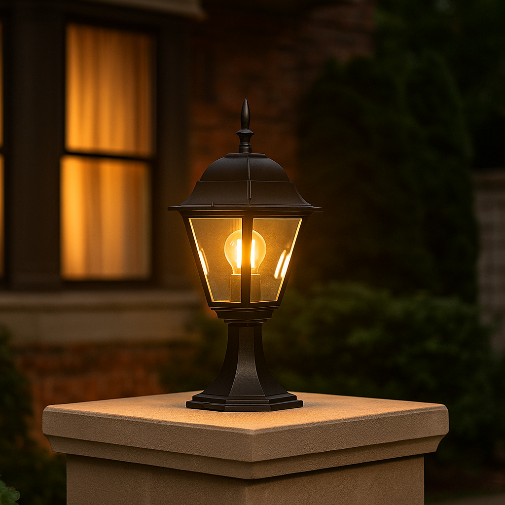 Black pillar lamp glowing warmly on outdoor stone pillar adding elegant charm to home entrance garden and gate lighting.