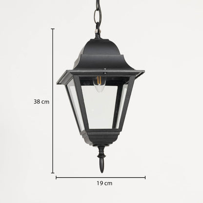 Modern black metal hanging lantern light measuring 33 cm height and 19 cm width for outdoor decor.