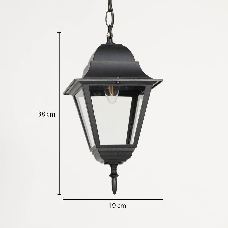Modern black metal hanging lantern light measuring 33 cm height and 19 cm width for outdoor decor.