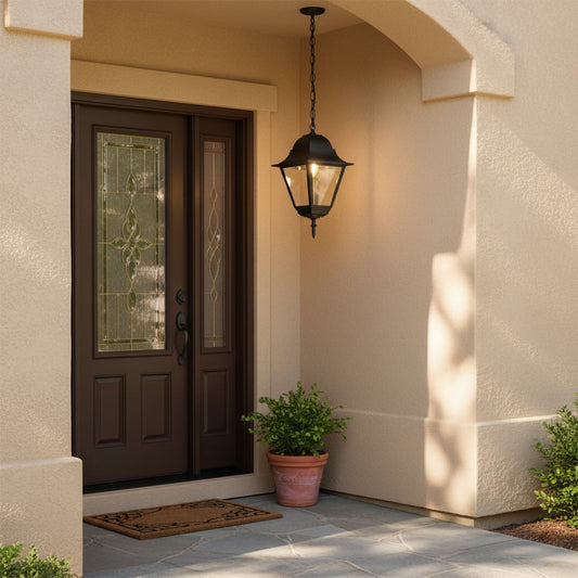 Black hanging lantern light styled in a modern outdoor setting creating warm ambient glow and timeless appeal.