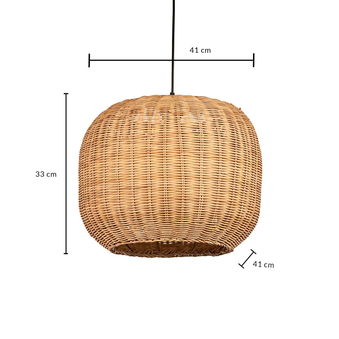 Dimension image of rounded natural brown rattan basket pendant light shade showing 33 cm height and 41 cm width.