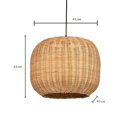 Dimension image of rounded natural brown rattan basket pendant light shade showing 33 cm height and 41 cm width.