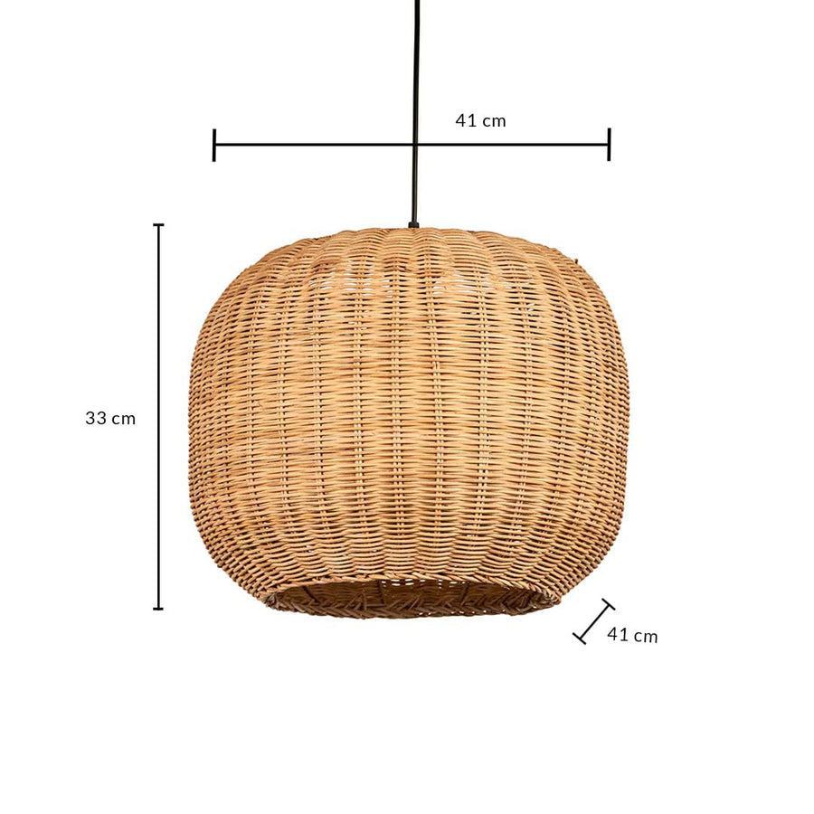 Dimension image of rounded natural brown rattan basket pendant light shade showing 33 cm height and 41 cm width.