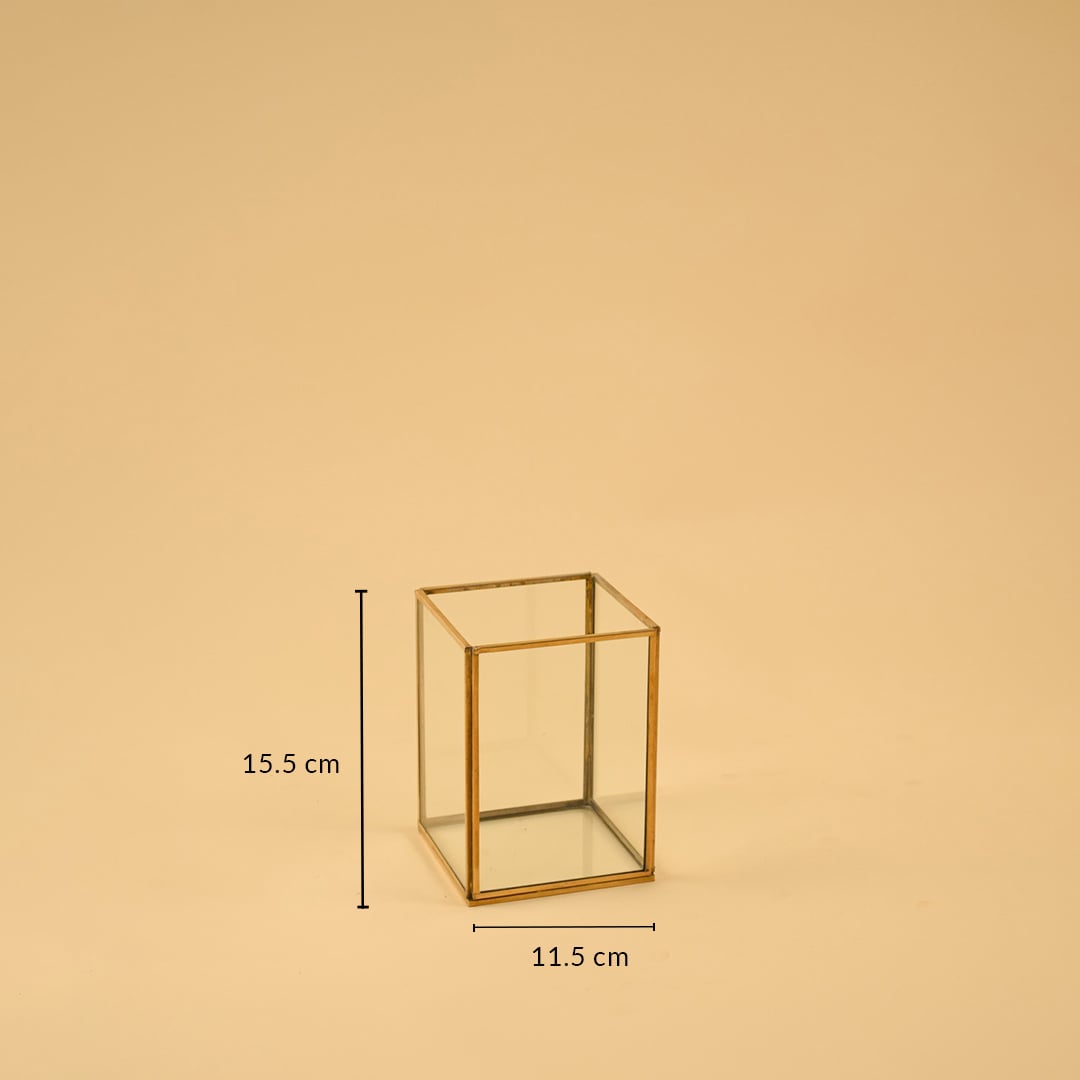 Dimension image of a clear glass rectangular hurricane lantern vase with a gold brass metal frame 15.5 cm height and 11.5 cm width.