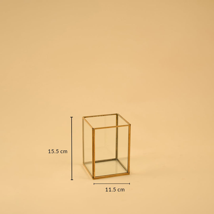 Dimension image of a clear glass rectangular hurricane lantern vase with a gold brass metal frame 15.5 cm height and 11.5 cm width.