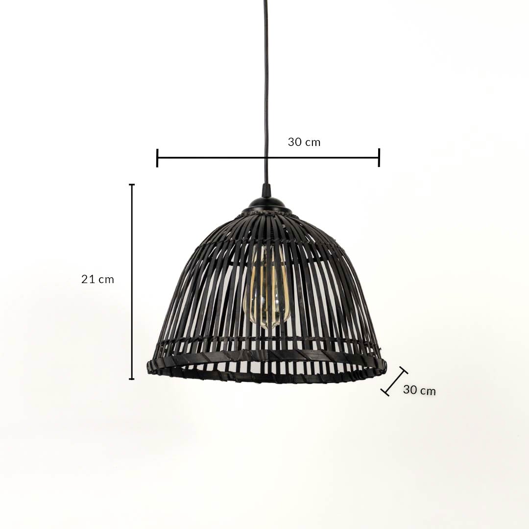 Black rattan light shade with 21 cm height and 30 cm width designed for stylish home and cafe lighting decor.