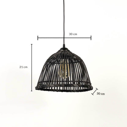 Black rattan light shade with 21 cm height and 30 cm width designed for stylish home and cafe lighting decor.