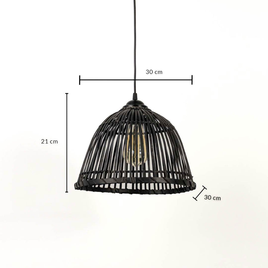 Black rattan light shade with 21 cm height and 30 cm width designed for stylish home and cafe lighting decor.
