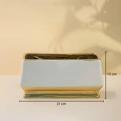 White marble decorative tray with gold frame showing product dimensions for modern tabletop styling and home decor.