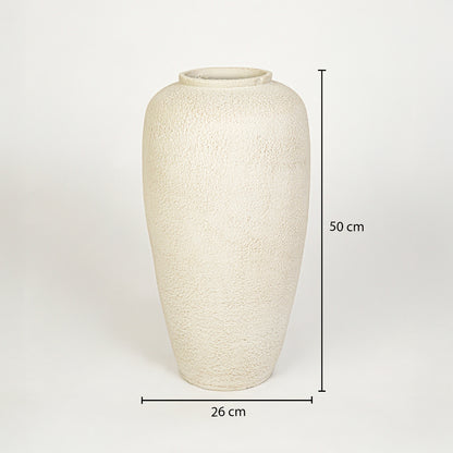 Dimension image of beige ceramic floor vase measuring 50 cm for modern home decor with matte finish styling.