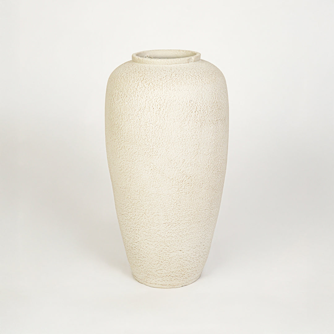 White background image of beige ceramic decorative vase for elegant floor placement with rustic textured finish.